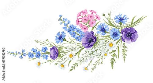 Watercolor floral arrangement with anemones, cornflowers, phloxes, delphiniums, and chamomile perfect for wedding invitations and cards