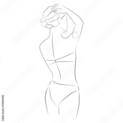 Woman poses in a bra and panties line drawing on white isolated background. A model demonstrates a swimsuit