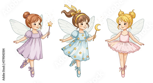 Three adorable fairy ballerinas with delicate wings and magic wands, each dressed in a unique pastelcolored tutu, , ready for a whimsical dance
