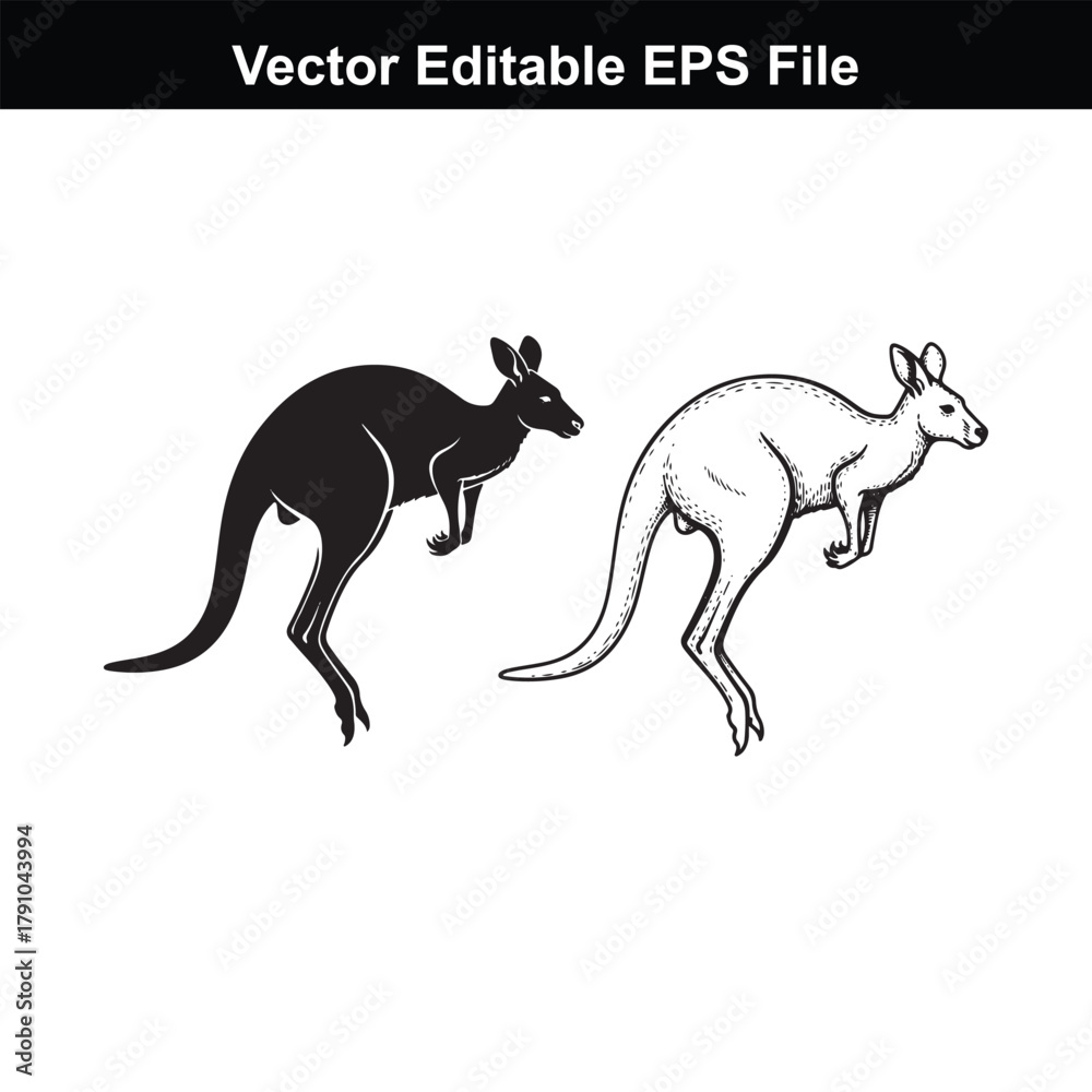 Fototapeta premium Two kangaroos, one black silhouette and one white outline, jumping on a