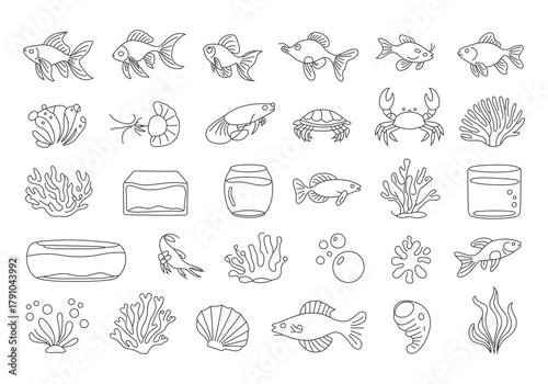 Aquarium and Fish Line Art Icon Set: Underwater Life, Coral, Shells, and Pet Bowls Vector Collection