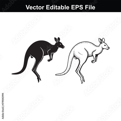 Two kangaroos, one black silhouette and one white outline, jumping on a
