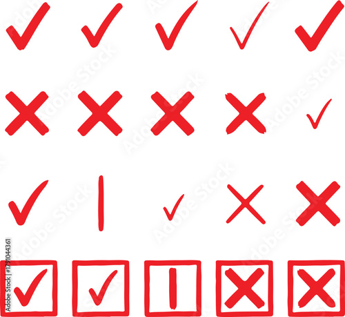 Red Hand Drawn Checkmarks Crosses and Boxes Keywords: check mark, cross, x, symbol, red, hand