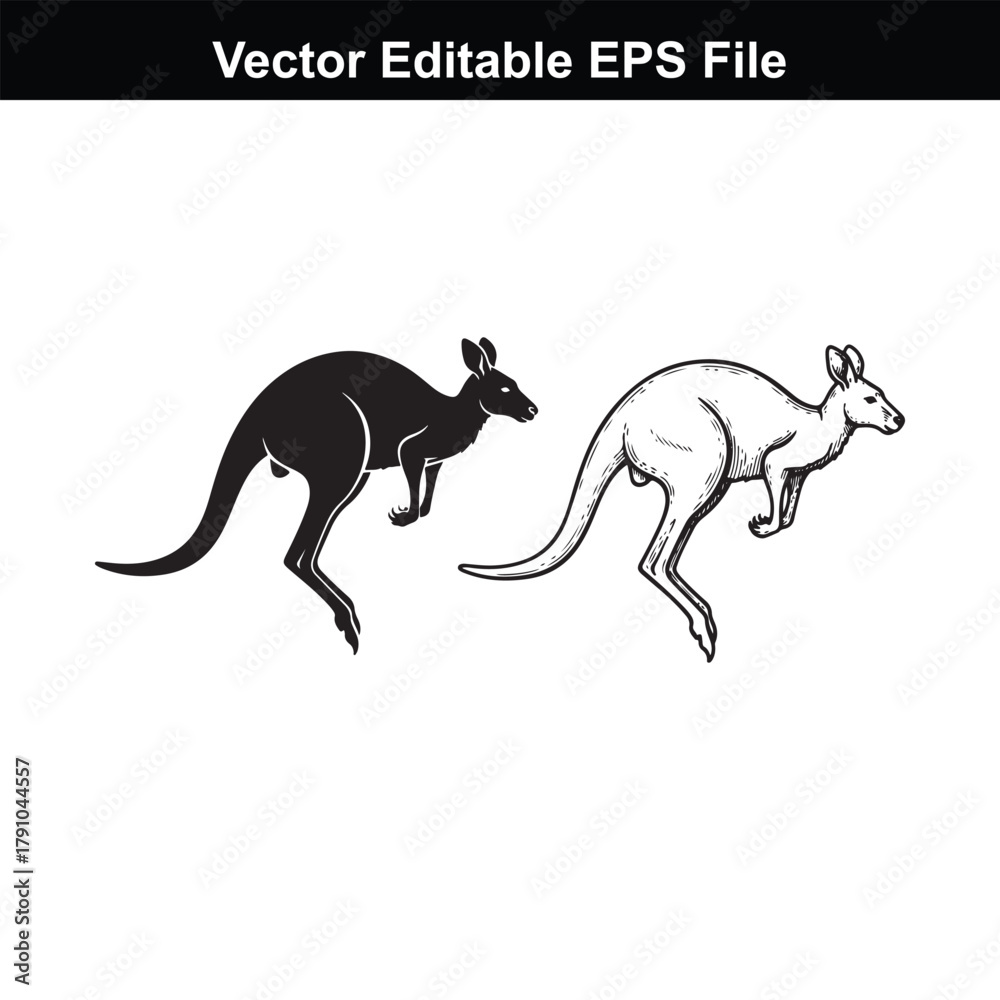 Fototapeta premium Two kangaroos, one black silhouette and one white outline, jumping on a