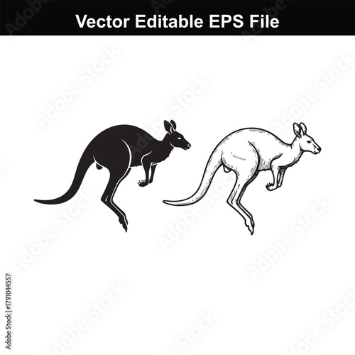 Two kangaroos, one black silhouette and one white outline, jumping on a