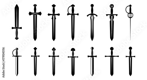 Collection of sword medieval weapon, knight blade, warrior armament fantasy battle equipment for war and combat, historical sharp edge steel