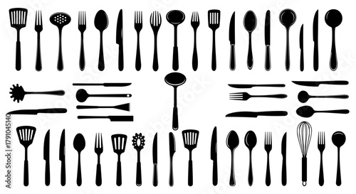 Collection of kitchen utensils spatula, fork, spoon, knife, ladle, skimmer, whisk cooking tools and equipment for food preparation and serving