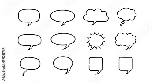 Set of speech bubbles in various shapes and styles, perfect for adding dialogue and commentary to your designs, great for comics