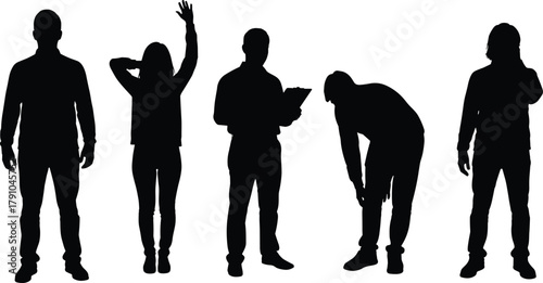 Business people silhouettes standing, working, raising hands, reading documents, vector illustration, office teamwork concept, isolated black design on white background