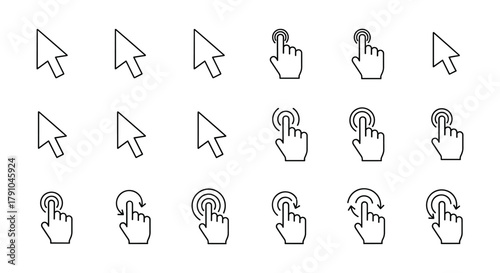 Set of cursor and hand icons in various positions, including pointing, clicking, and dragging, perfect for user interface and web design