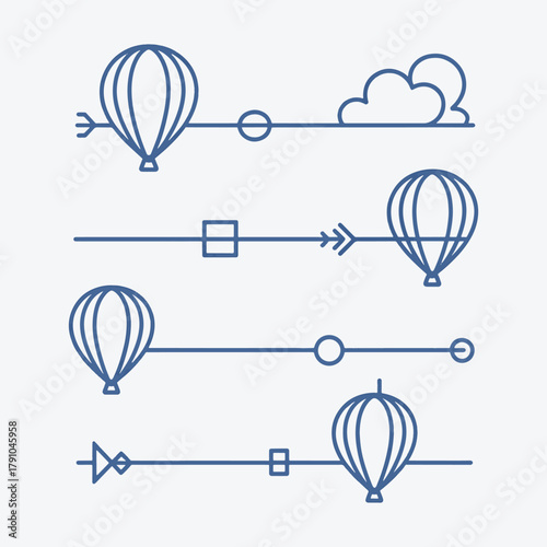 Four blue line art hot air balloons with abstract shapes and a cloud on a light gray background travel