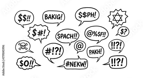 Collection of speech bubbles with swear words symbols, characters and bad language for expressing anger, frustration and offensive communication