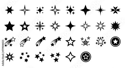 Collection of various star shapes, including fivepointed stars, shooting stars, and starbursts perfect for adding sparkle to your designs
