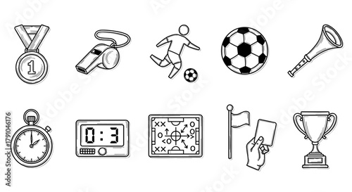 Collection of soccerthemed icons, including a medal, whistle, player kicking a ball, soccer ball, vuvuzela, stopwatch, scoreboard, field, card, and trophy