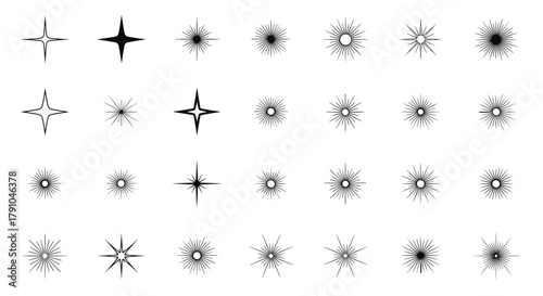 A collection of starburst icons, each radiating energy and light, symbolizing sparkle, shine, and brilliance