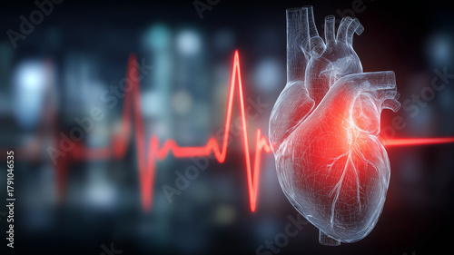 Digital heart with electrocardiogram pulse, symbolizing cardiac monitoring, diagnosis, and preventive healthcare supported by data.

