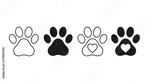 A set of adorable paw print icons featuring both filled and outlined designs, some with heart details, , perfect for animalthemed projects