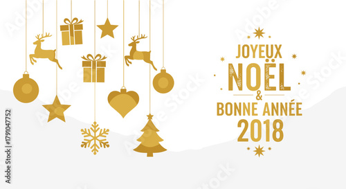 Elegant golden christmas and new year design featuring festive ornaments and the french text joyeux nol bonne anne 2018, perfect for adding a touch of sophistication to holiday greetings