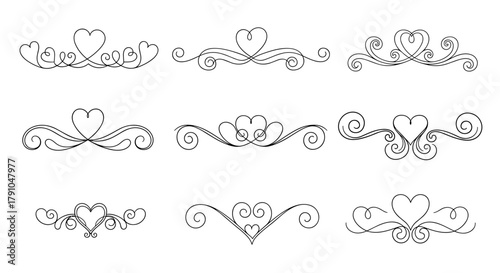 A collection of ornate heart dividers, each adorned with swirling flourishes and delicate details, perfect for adding a touch of romance