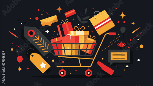 Black Friday sale advertisement showcasing a red backdrop adorned with multiple gift boxes..eps