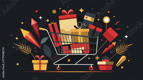 Black Friday sale banner featuring a red background with various colorful gift boxes..eps