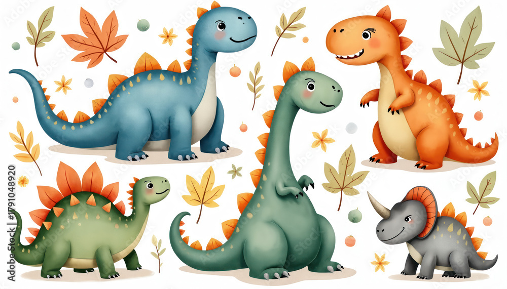 Fototapeta premium Cute watercolor dinosaurs depicted in playful poses with autumn leaves. Collection of adorable prehistoric creatures, flora in vibrant colors. Whimsical animals perfect for children themed projects.