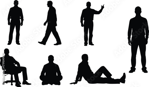 Businessman silhouette vector illustration showing men standing walking sitting and presenting in multiple poses, black white minimal flat CAD drawing design