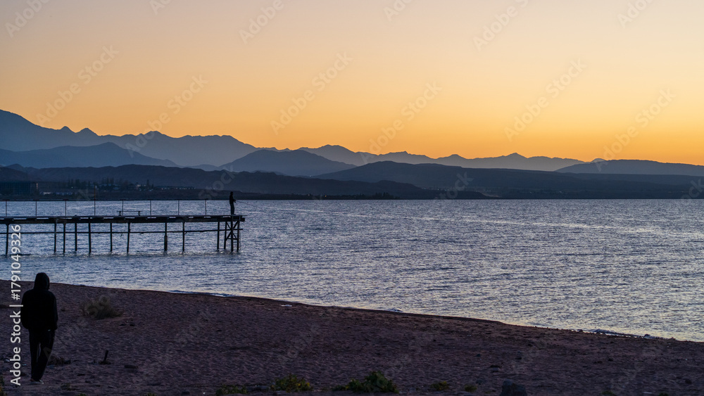 Fototapeta premium Sunset Aerial View of Issyk-Kul Lake, Kyrgyzstan
