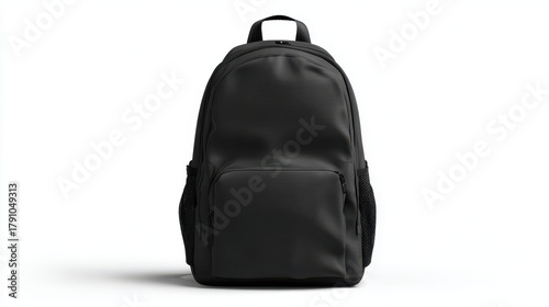 Stunning photo of black school backpack mockup isolated on white background. Modern, practical design. Blank template for branding. Versatile accessory for students, travelers.
