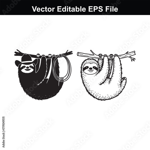 Two sloths hanging from a branch, one black silhouette wearing a cowboy hat and lasso, the other white with texture