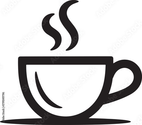 Black and white simple line art icon of a steaming coffee cup on a saucer hot drink