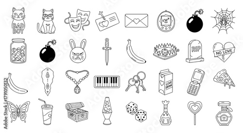 Collection of various tattoo designs featuring cats, bombs, rabbits, swords, bananas, hedgehogs, tombstones, broken hearts, butterflies, drinks, treasure chests