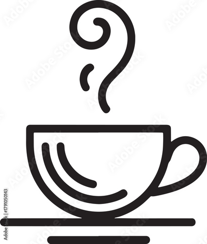 Black line art icon of a steaming coffee cup on a saucer hot drink