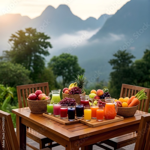 Healthy fresh fruit juices and fruits served on a table with a stunning mountain landscape background
