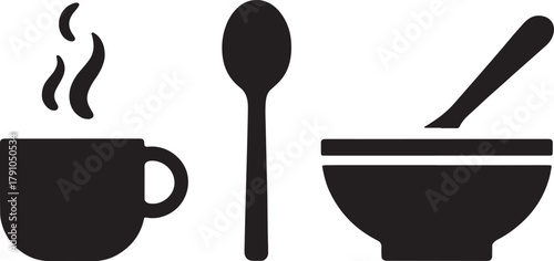 Black silhouette of a steaming coffee cup a spoon and a bowl with a spoon black white silhouette hot beverage