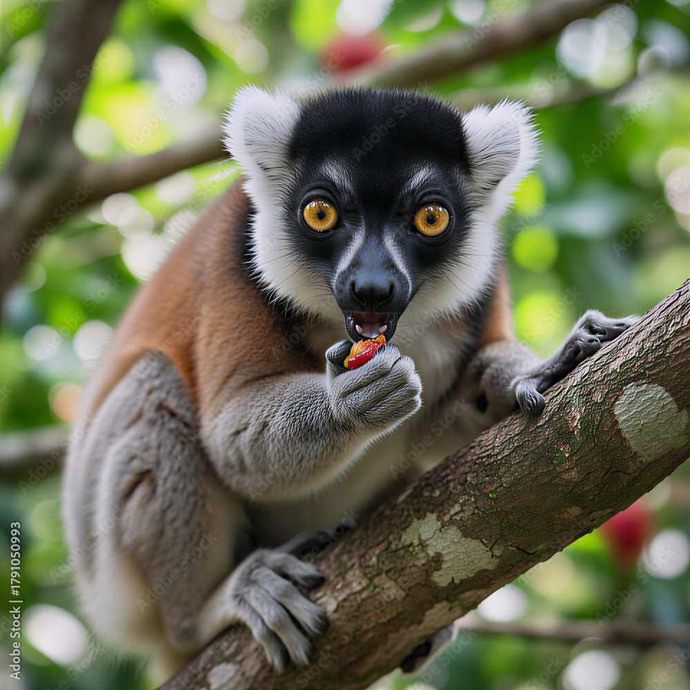 Naklejka premium Black and white ruffed lemur eating red berries while perched on a tree branch