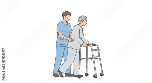 Caring nurse or Physiotherapist assists elderly man using walker, promoting independence and mobility during physical therapy, showcasing compassionate healthcare and support