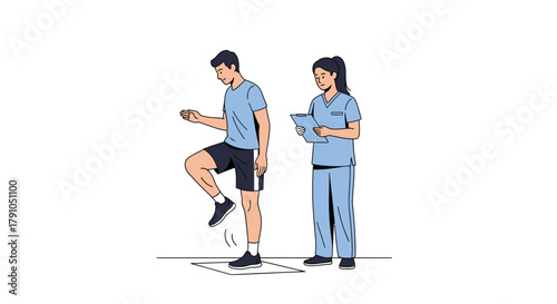 Patient doing balance training exercise, physical therapy with Physiotherapist, medical professional for rehabilitation and better health and wellness, vector illustration for healthcare concept