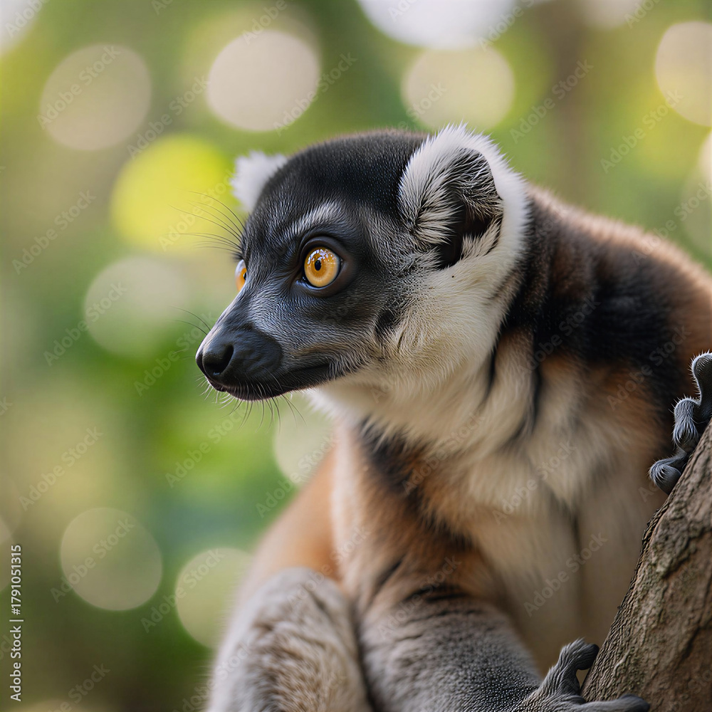 Naklejka premium Close up portrait of a black and white ruffed lemur with bright yellow eyes in a natural forest setting
