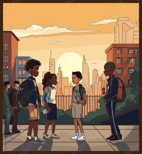 An illustration of students or friends talking on a city street at sunset, with warm golden light and an urban skyline in the background.