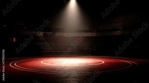 Stunning photo of spotlit Wrestling Mat in an Empty Arena.