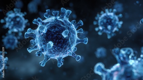 Stunning photo of microscopic enlargement of blue virus - respitory virus outbreak - floating cells in body - virus shaped as covid, influenza, sars, corona, hiv, mers, cholera.