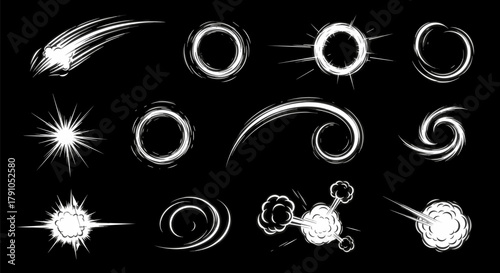 Set of various white light effects and motion trails on a, perfect for adding dynamic movement and energy to designs