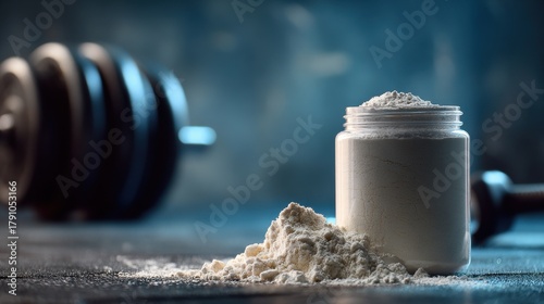 Stunning photo of bodybuilding Concept Gym Supplies Creatine Monohydrate Powder Muscle Training Mockup Jar.