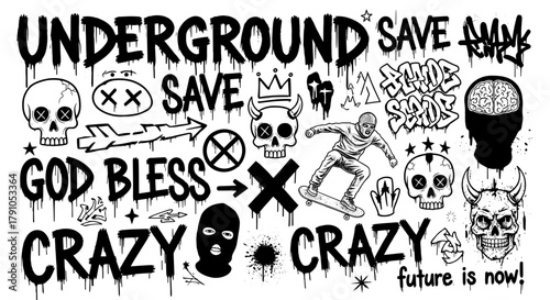 A bold and edgy graffitistyle illustration featuring a chaotic mix of skulls, words, and figures, creating a raw and urban aesthetic