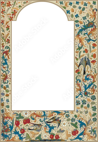 A decorative medieval-style floral manuscript border featuring intricate vines, flying songbirds, leaves, and flowers in soft blues, greens, and gold tones framing a blank parchment center.