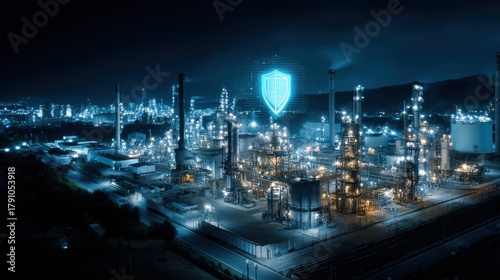 Stunning photo of industrial facility at night secured by digital shield. Cybersecurity protection visible over facility. Critical infrastructure safety concept. Modern tech.