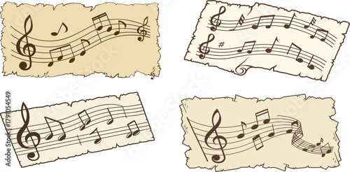 Vintage Music Sheet Stickers – Tattered Paper with Notes & Treble Clef (Vector)