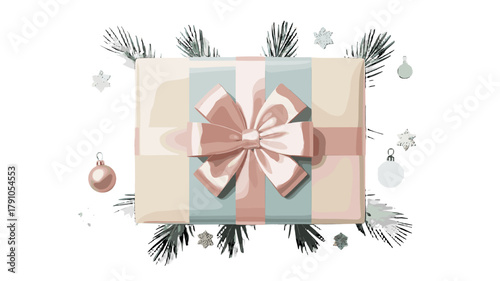 A beautifully wrapped gift box surrounded by festive ornaments.