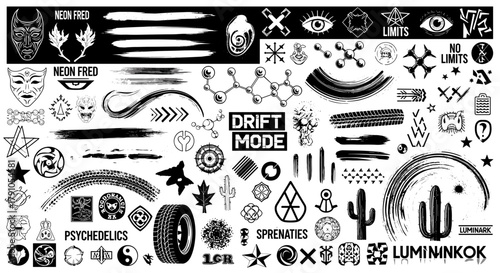 Collection of various monochrome designs featuring abstract symbols, graffiti elements, and artistic illustrations for diverse creative projects